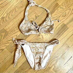 Victoria’s Secret tan and blue paisley swimsuit with sequence